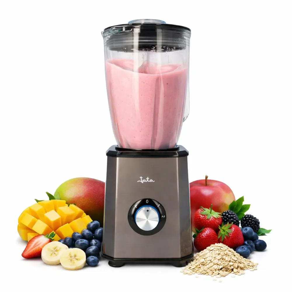 JATA JEBT1500 - Batidora de vaso de 1,5 litros. 2 velocidades + turbo. Cuerpo de acero inoxidable. Cuchilla dentada de acero inoxidable. Apta para picar hielo. Pies antideslizantes. 1500 W