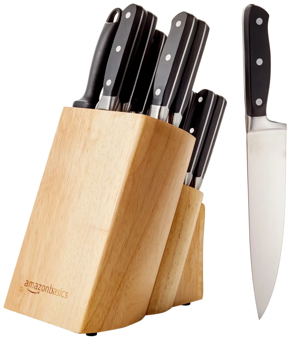 Amazon Basics Juego de Cuchillos de Cocina y Soporte, 18 Unidad, Acero