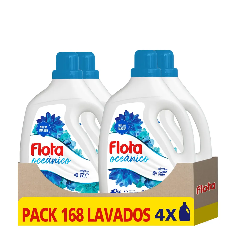 FLOTA OCEÁNICO | Detergente Líquido Quitamanchas incluso en Agua Fría para Lavadora | Ropa Blanca y de Color | Pack de 4 x 42 Lavados = 168 Lavados