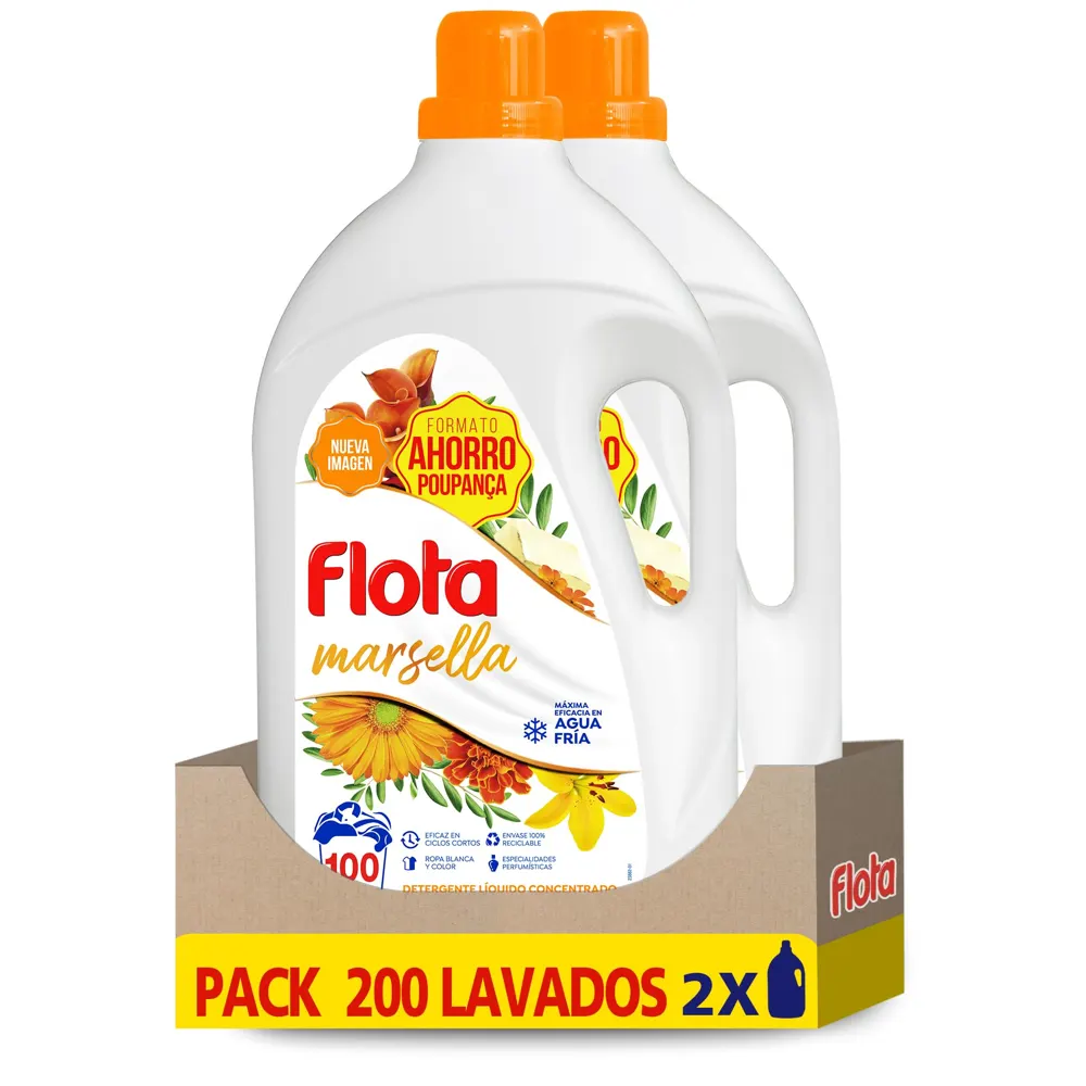 FLOTA MARSELLA | Detergente Líquido Quitamanchas incluso en Agua Fría para Lavadora | Ropa Blanca y de Color | Formato Familiar 2x100 Lavados