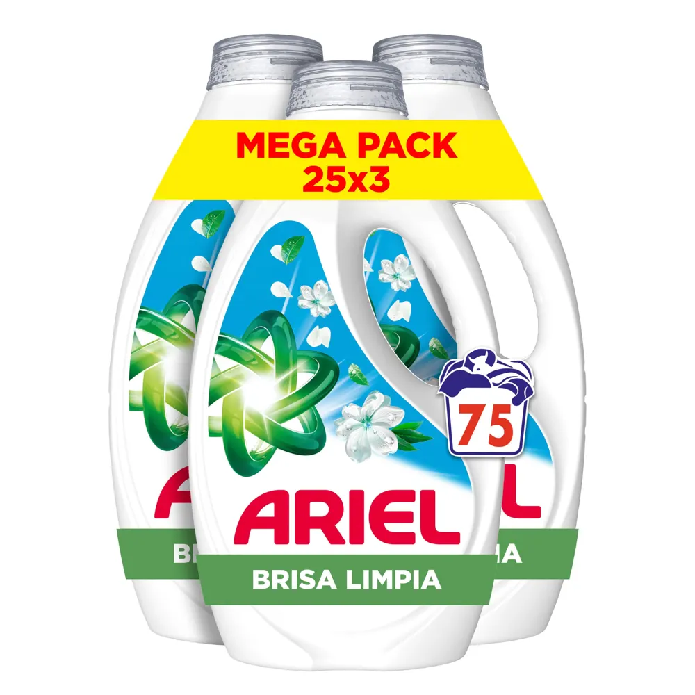 ARIEL Costa Mediterránea, Brisa Marina & Jazmín, Detergente Líquido, 75 Lavados (Pack de 3) – Limpieza Impecable y Frescor de Lenor