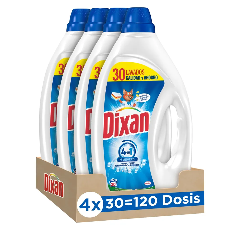 Dixan Gel Total+ 4 en 1 (4 x 1350 ml), detergente lavadora líquido para ropa clara y blanca, detergente con gran poder quitamanchas ropa, sensación de frescura, 120 lavados