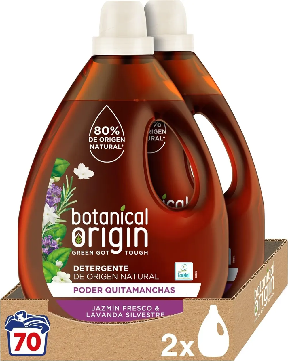 Botanical Origin Detergente para lavadora ecológico apto para pieles sensibles, 70 lavados, Fragancia Jazmín Fresco y Lavanda Silvestre 2 unidades