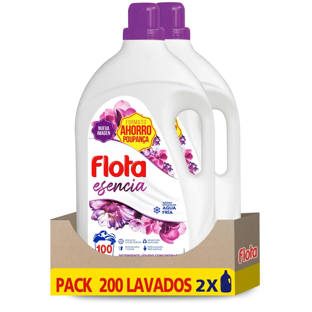 FLOTA ESENCIA | Detergente Líquido Quitamanchas incluso en Agua Fría para Lavadora | Ropa Blanca y de Color | Formato Familiar 2x100 Lavados