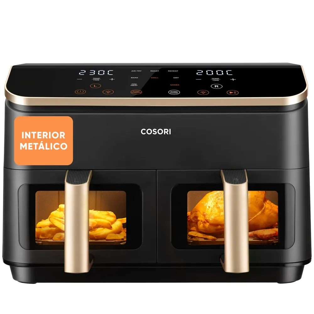 Cosori Freidora de Aire 8,5L, Doble Cesta con Ventana, 10 Funciones, Oro