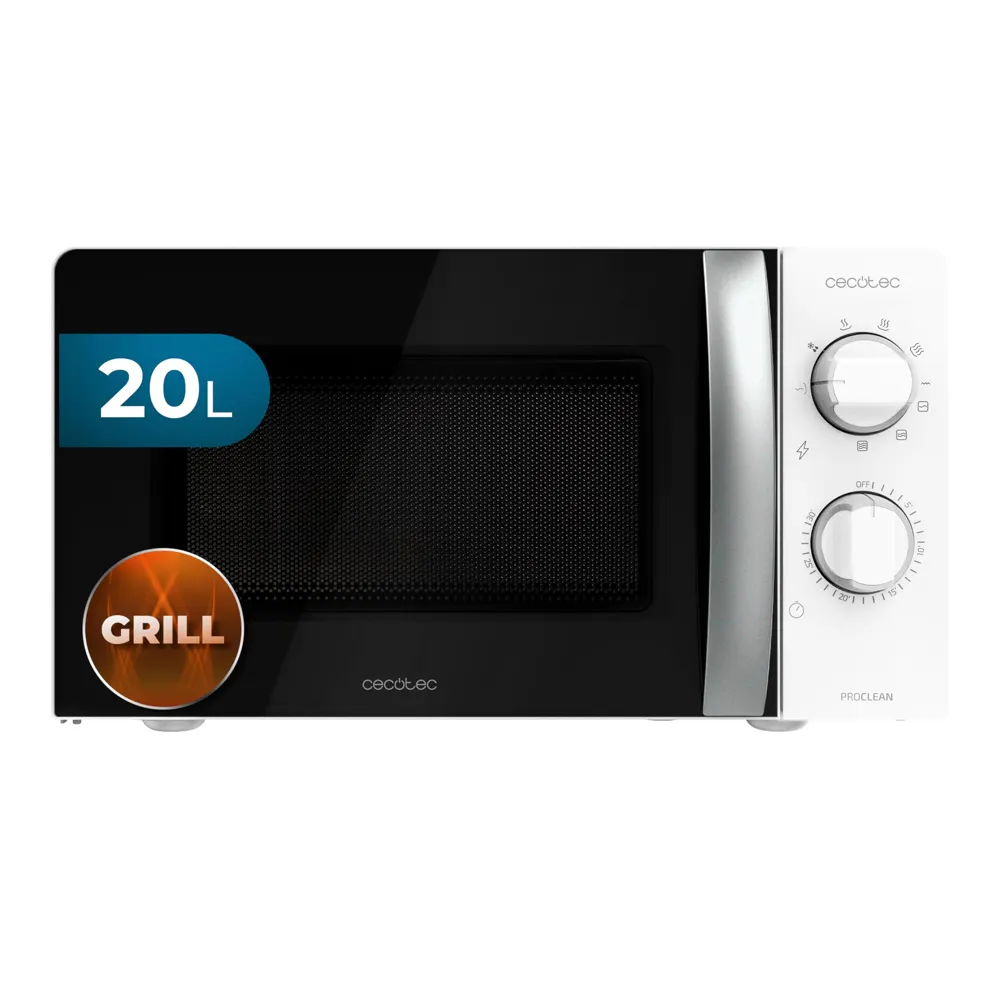 Cecotec Microondas con Grill ProClean 2110. 700W con 6 Niveles de Potencia, Capacidad 20 L, Función Grill, Tecnología 3DWave, Modo Descongelación, Temporizador hasta 30mins