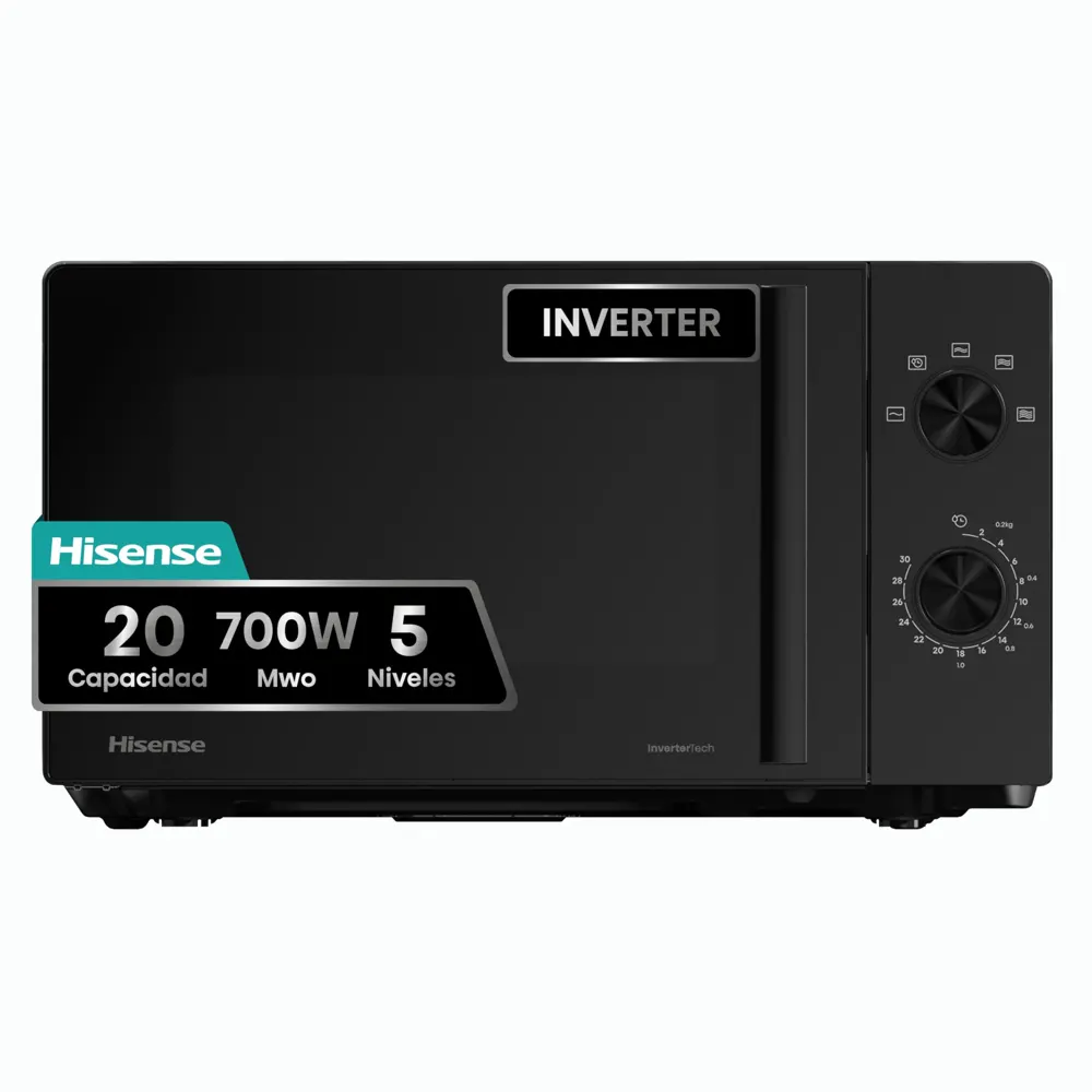Hisense H20MOBP1HI - Microondas 20 Litros, 700W, Inverter Expert, Descongelación Rápida, Calentamiento Uniforme, Silencioso, Revestimiento Cerámico, Cristal Premium, Modo ECO, 5 Programas