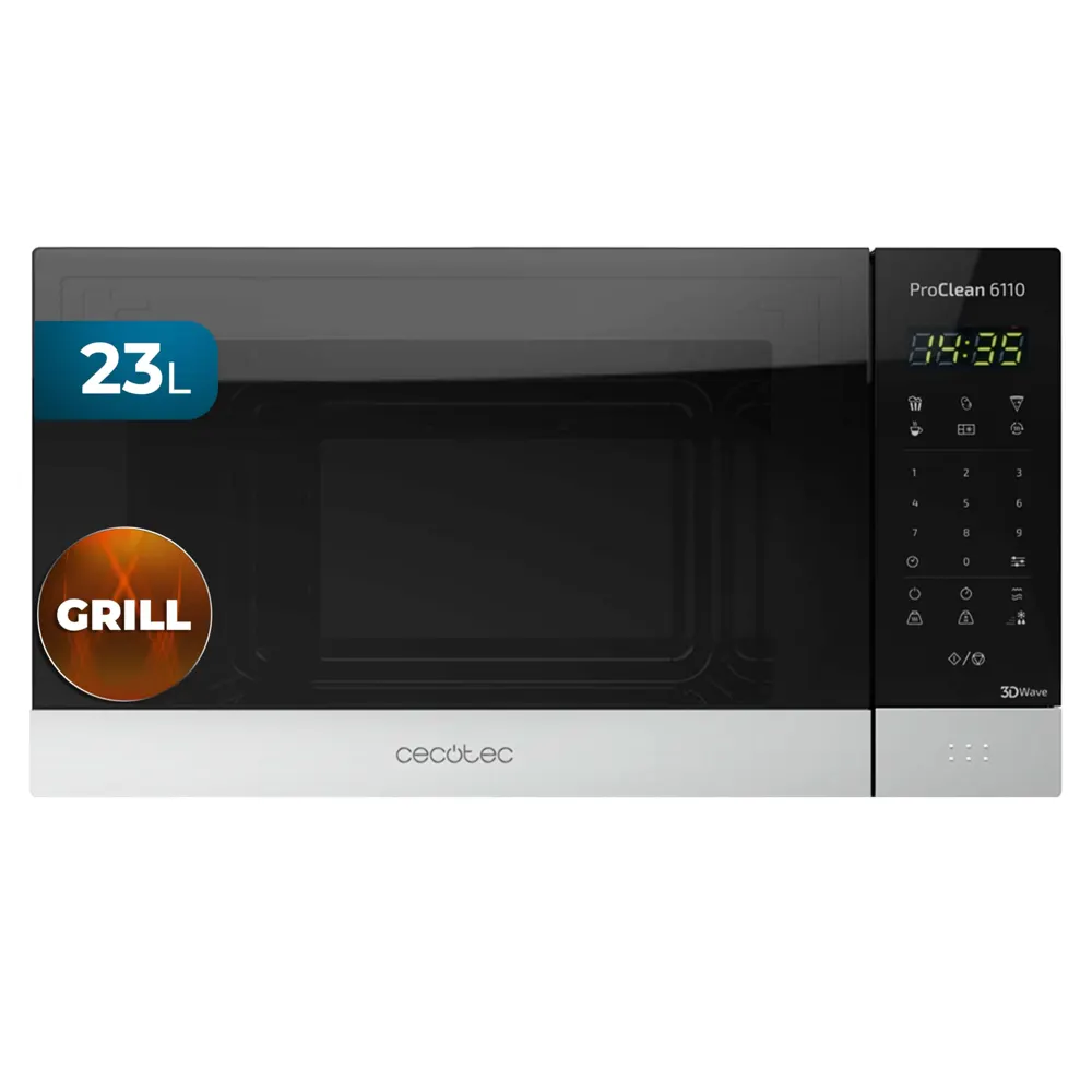 Cecotec Microondas ProClean 6110. 800 W y Grill 1000 W, Capacidad 23L, Revestimiento Ready2Clean para una mejor Limpieza, Tecnología 3DWave, Diseño con Acabados en Acero Inoxidable